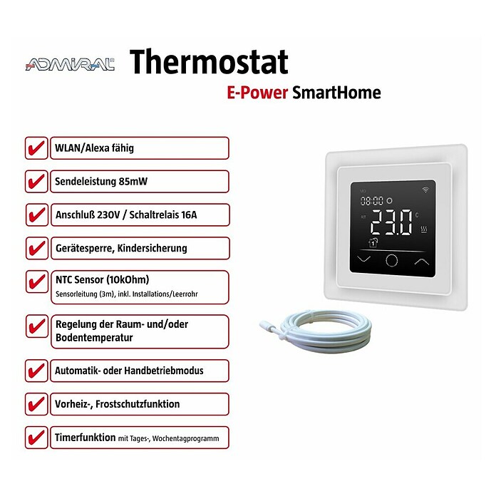 Thermostat E-Power Alexa (Digital, Beheizbare Fläche: 20 m²) | BAUHAUS