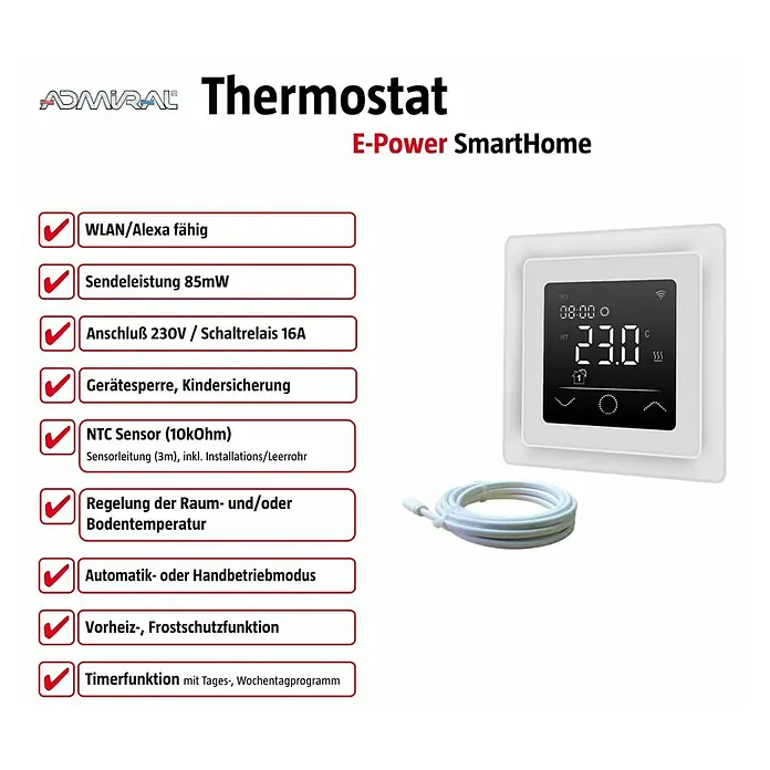Thermostat E-Power Alexa - Digital, Beheizbare Fläche: 20 m² - Weißer Smart Home Thermostat mit Digitalanzeige (23.0°C, 08:00) und externem Sensorkabel.