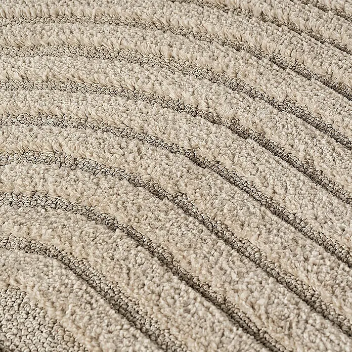 Kurzflorteppich Art 1122 - Beige, Durchmesser: 80 cm, 100 % Polypropylen - Beiger Teppich mit abwechselnd erhabenen flauschigen und tieferen gewebten Streifen.