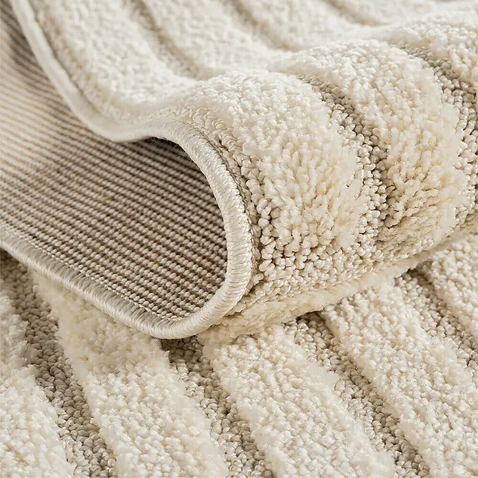 Kurzflorteppich Art 1123 - Creme, Durchmesser: 120 cm, 100 % Polypropylen - Cremefarbener Teppich mit weicher, gerippter Schlingenstruktur und sichtbarer Webunterseite.