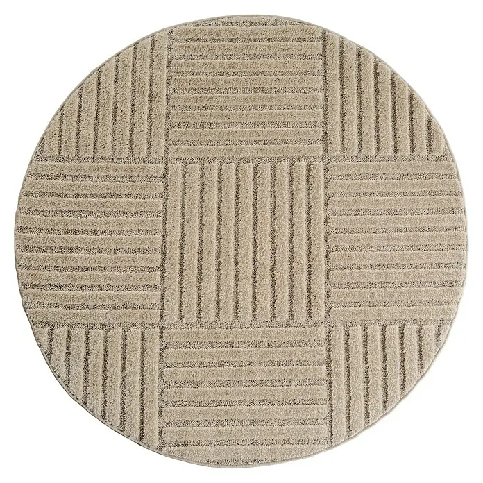 Kurzflorteppich Art 1123 - Beige, Durchmesser: 80 cm, 100 % Polypropylen - Runder, cremefarbener Teppich mit geometrischer Streifenstruktur.