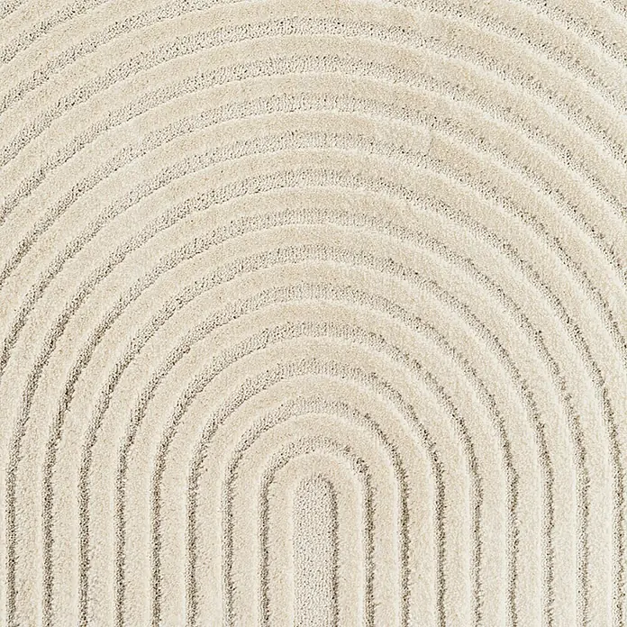 Kurzflorteppich Art 1122 - Creme, 250 x 80 cm, 100 % Polypropylen - Heller beiger Strukturteppich mit wiederholtem Bogenstreifenmuster.