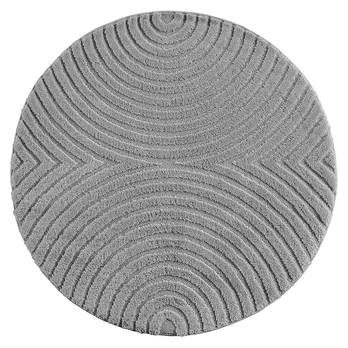 Kurzflorteppich Art 1122 - Silber, Durchmesser: 120 cm, 100 % Polypropylen - Runder grauer Teppich mit erhabenen Textilstreifen in konzentrischen Bögen und Chevron-Mustern.