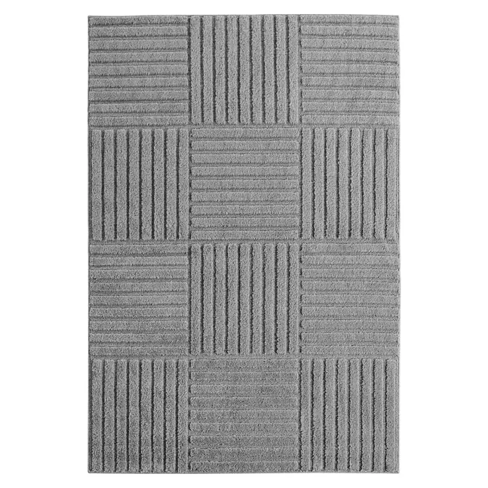 Kurzflorteppich Art 1123 - Silber, 200 x 140 cm, 100 % Polypropylen - Graue strukturierte Matte mit einem Muster aus abwechselnd vertikalen und horizontalen gerippten Quadraten.