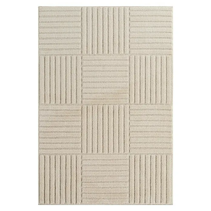 Kurzflorteppich Art 1123 - Creme, 200 x 140 cm, 100 % Polypropylen - Heller beiger Teppich mit geometrischem Muster aus abwechselnd horizontalen und vertikalen gerippten Quadraten.