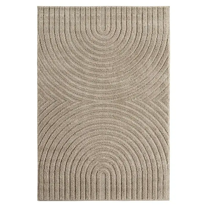 Kurzflorteppich Art 1122 - Beige, 170 x 120 cm, 100 % Polypropylen - Rechteckiger beiger Teppich mit Textur und einem abstrakten geometrischen Muster aus konzentrischen Bögen und geraden Linien.