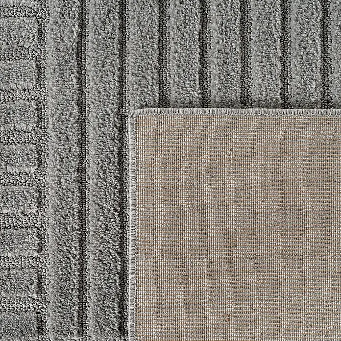 Kurzflorteppich Art 1123 - Silber, 200 x 140 cm, 100 % Polypropylen - Grauer, texturierter Teppich mit flauschigen Streifen, gefaltet, um die gewebte Rückseite zu zeigen.