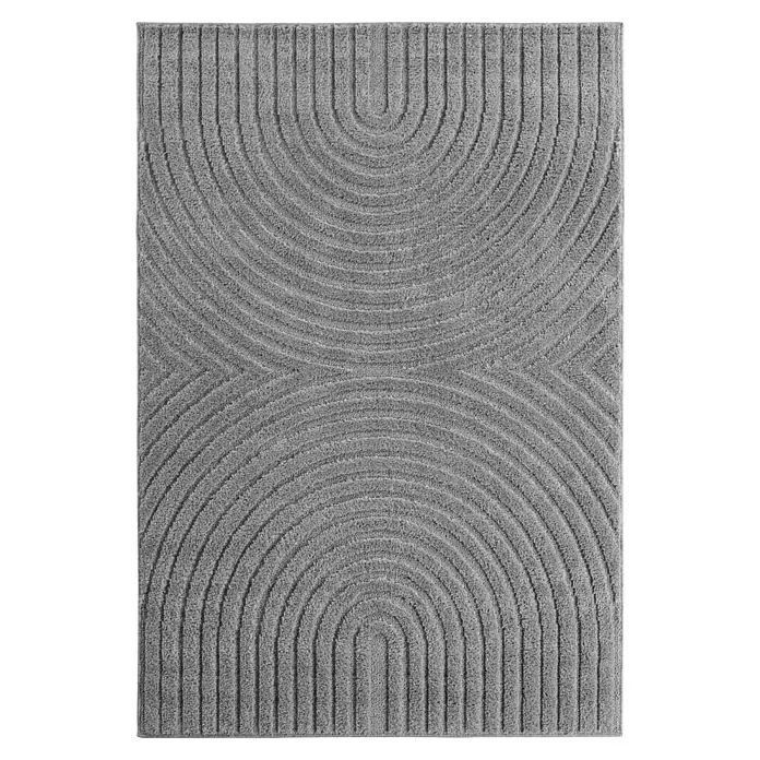 Kurzflorteppich Art 1122 - Silber, 170 x 120 cm, 100 % Polypropylen - Grau melierter Teppich mit abstraktem, geometrischem Muster aus geschwungenen und geraden Linien.