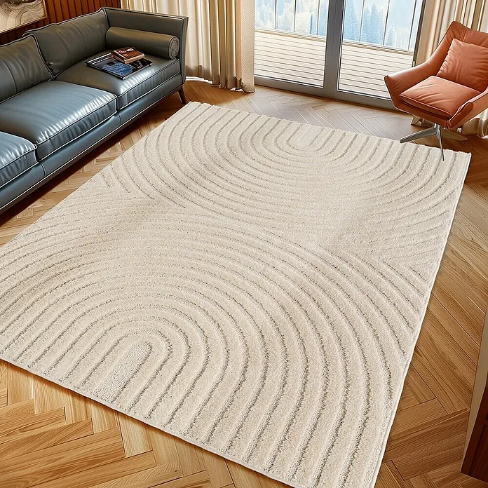 Kurzflorteppich Art 1122 - Creme, 250 x 80 cm, 100 % Polypropylen - Großer, hellbeiger Teppich mit dezentem erhabenem Kreismuster auf Holzfußboden im Wohnzimmer.