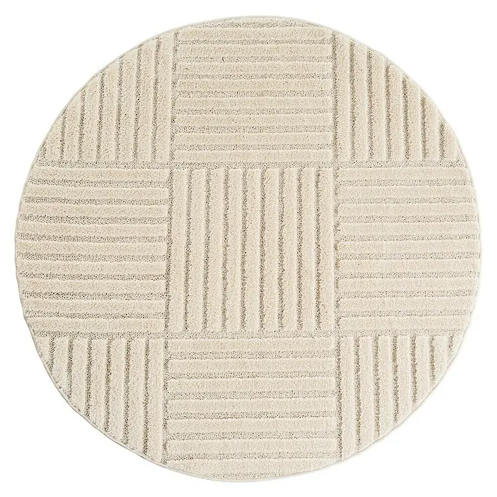 Kurzflorteppich Art 1123 - Creme, Durchmesser: 120 cm, 100 % Polypropylen - Runder, cremefarbener Teppich mit erhabenem linearem Flechtmuster.