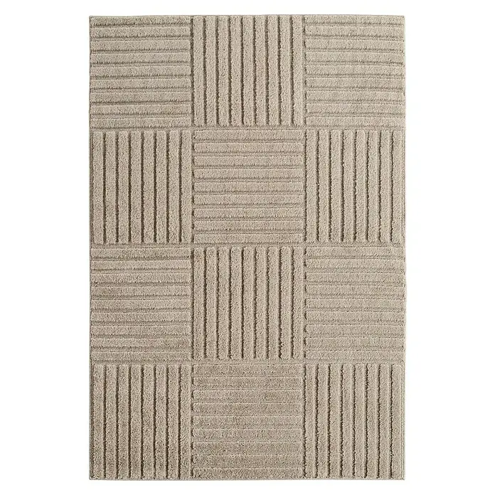 Kurzflorteppich Art 1123 - Beige, 200 x 140 cm, 100 % Polypropylen - Beige strukturierte Teppichfliese mit abwechselnd vertikalen und horizontalen erhabenen Streifenmustern.