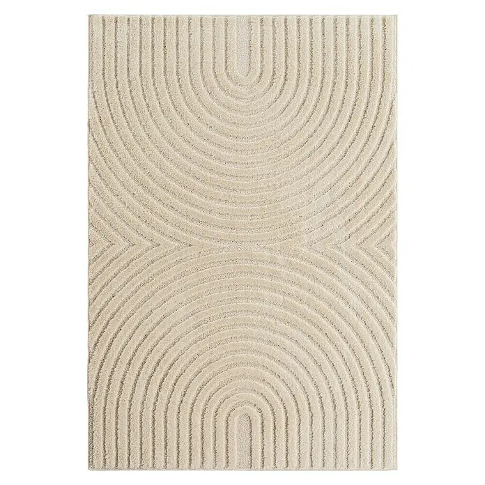 Kurzflorteppich Art 1122 - Creme, 250 x 80 cm, 100 % Polypropylen - Rechteckiger cremefarbener Teppich mit abstraktem geometrischem Muster aus geschnitzten konzentrischen Bögen.