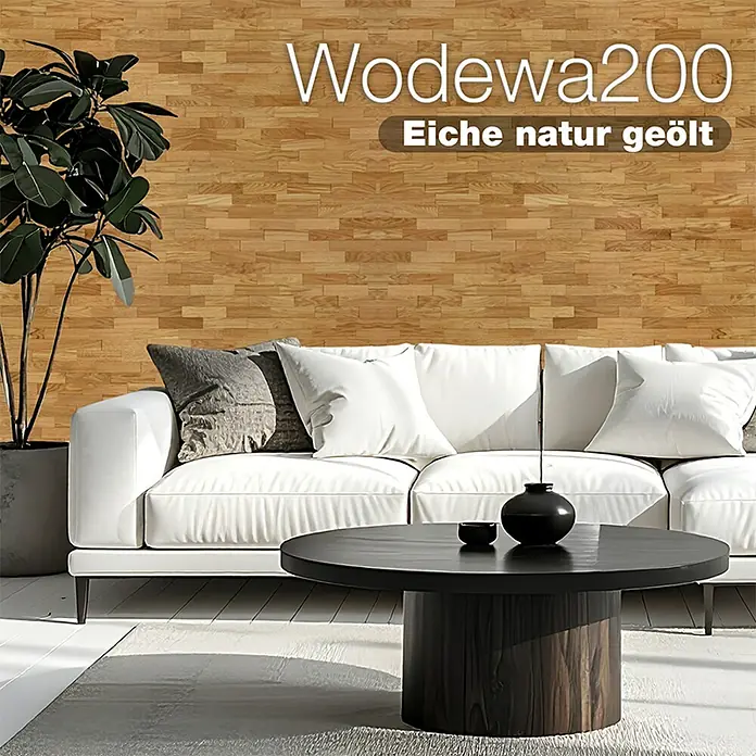 Wodewa Holzriemchen 200 Eiche Natur - L x B: 200 x 50 mm, 2 mm - 6 mm, Max. Anwendungsfläche: 1 m², UV-geölt - Wodewa200 Eiche natur geölte Wandverkleidung im Wohnzimmer, für Wärme und Stil.