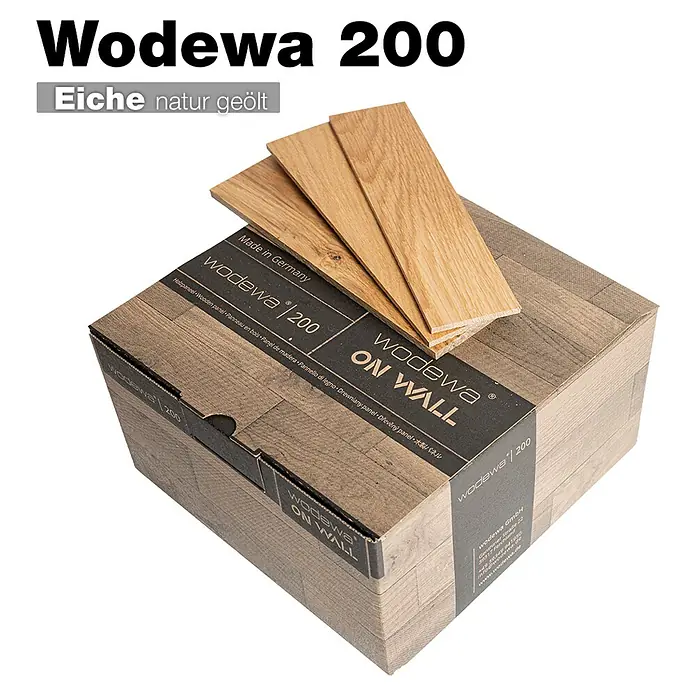 Wodewa Holzriemchen 200 Eiche Natur - L x B: 200 x 50 mm, 2 mm - 6 mm, Max. Anwendungsfläche: 1 m², UV-geölt - Schachtel mit Wodewa 200 natur geölten Eichenholz-Wandpaneelen und Musterstücken obenauf.