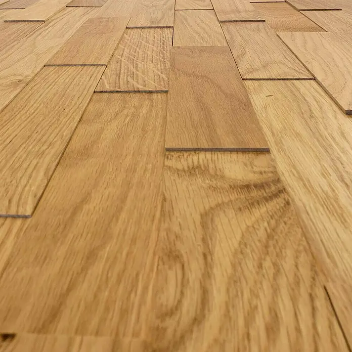 Wodewa Holzriemchen 200 Eiche Natur - L x B: 200 x 50 mm, 2 mm - 6 mm, Max. Anwendungsfläche: 1 m², UV-geölt - Helles Hartholzparkett mit natürlicher Holzmaserung und versetztem Dielenmuster.