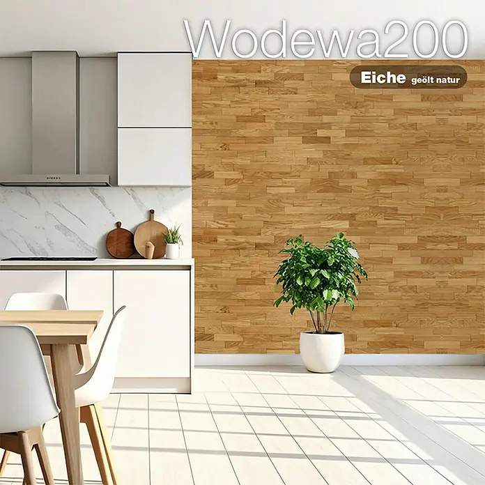 Wodewa Holzriemchen 200 Eiche Natur - L x B: 200 x 50 mm, 2 mm - 6 mm, Max. Anwendungsfläche: 1 m², UV-geölt - Natürliche geölte Eichenwandverkleidung an einer modernen Küchenwand, die dem Raum Wärme verleiht.