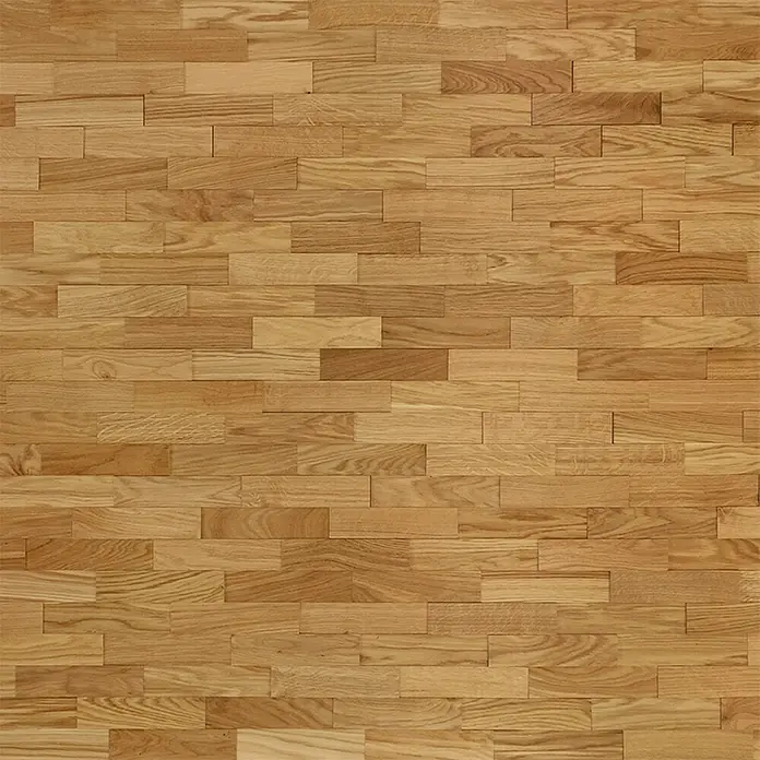 Wodewa Holzriemchen 200 Eiche Natur - L x B: 200 x 50 mm, 2 mm - 6 mm, Max. Anwendungsfläche: 1 m², UV-geölt - Heller Eichenholzfußboden mit versetzt angeordneten Rechteckdielen.