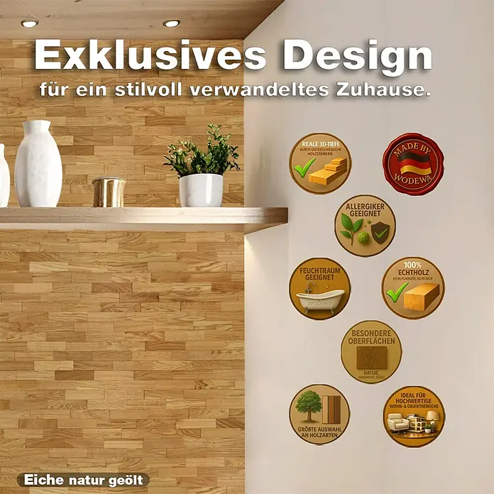 Wodewa Holzriemchen 200 Eiche Natur - L x B: 200 x 50 mm, 2 mm - 6 mm, Max. Anwendungsfläche: 1 m², UV-geölt - Exklusive, natur geölte Eichenholz-Wandpaneele, die ein stilvolles Interieur schaffen.