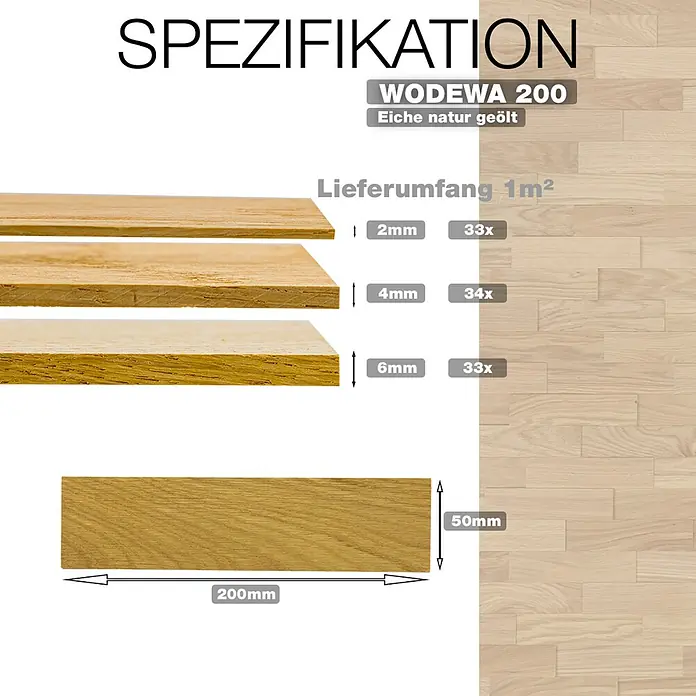 Wodewa Holzriemchen 200 Eiche Natur - L x B: 200 x 50 mm, 2 mm - 6 mm, Max. Anwendungsfläche: 1 m², UV-geölt - Eiche natur geölte Holzplanken in verschiedenen Stärken (2, 4, 6mm) und Maßen (200x50mm) für Bodenbelag.
