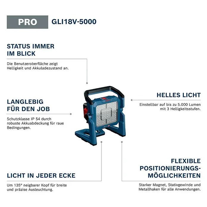 Bosch Professional AMPShare 18V LED-Akkustrahler GLI 18V-5000 C - 18 V, Ohne Akku, Lichtstrom: 5.000 lm - Blauer und schwarzer Bosch GLI18V-5000 Akku-Arbeitsstrahler mit verstellbarem Kopf und flexiblen Positionierungsoptionen.