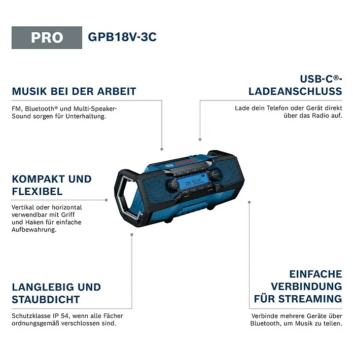 Bosch Professional AMPShare 18V Akku-Radio GPB 18V- 3 C SOLO K - 18 V, Ohne Akku - Blau-schwarzes Bosch GPB18V-3C Baustellenradio.