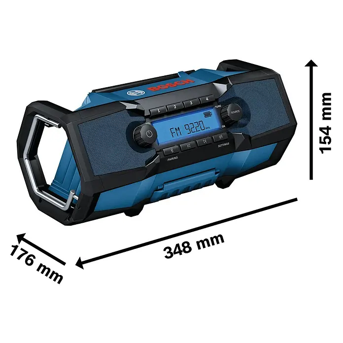 Bosch Professional AMPShare 18V Akku-Radio GPB 18V- 3 C SOLO K - 18 V, Ohne Akku - Blau-schwarzes Bosch Baustellenradio, 348x154x176mm, mit Digitalanzeige (FM 92.20 MHz). Robust und tragbar.