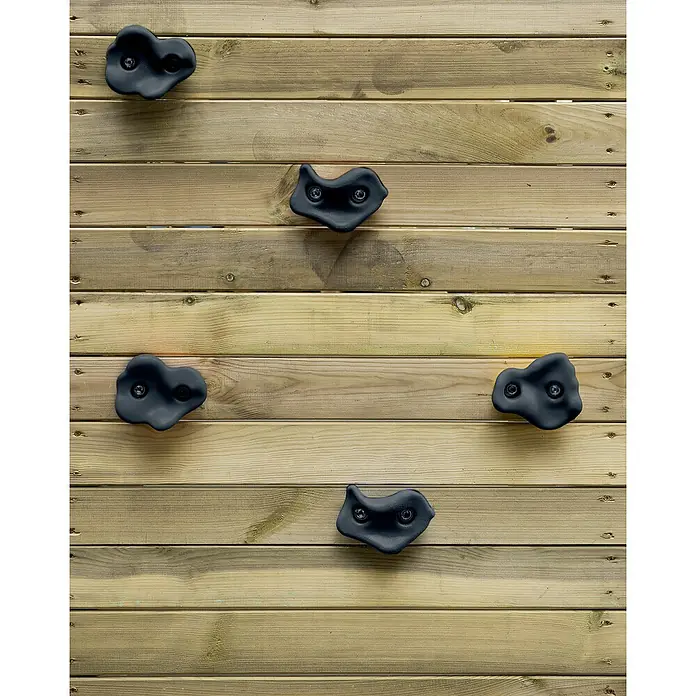 Swing King Kinderspielturm Irma - L x B x H: 73 x 235 x 175 mm, Pastell Blau - Schwarze Klettergriffe an einer Holzwand, zum Klettern.