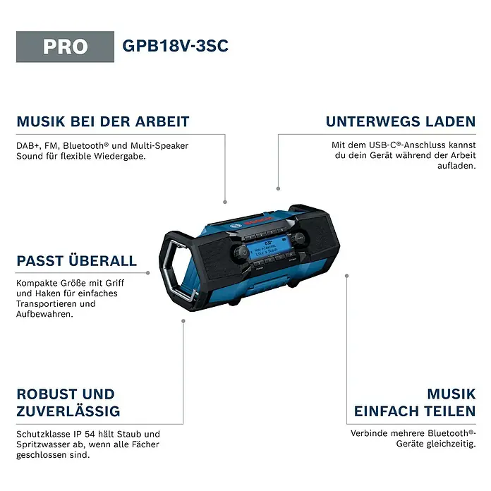 Bosch Professional AMPShare 18V Akku-Radio GPB 18V- 3 SC - 18 V, Ohne Akku - Ein blau-schwarzes Bosch GPB18V-3SC Baustellenradio, das seine Funktionen für Musik, Laden, Tragbarkeit und Robustheit zeigt.
