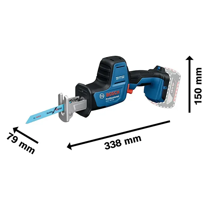 Bosch Professional AMPShare 18V Akku-Säbelsäge GSA 18V-24 -  - Blau-schwarze Bosch Akku-Säbelsäge mit Sägeblatt. Maße: 338mm L, 150mm H, 79mm B.