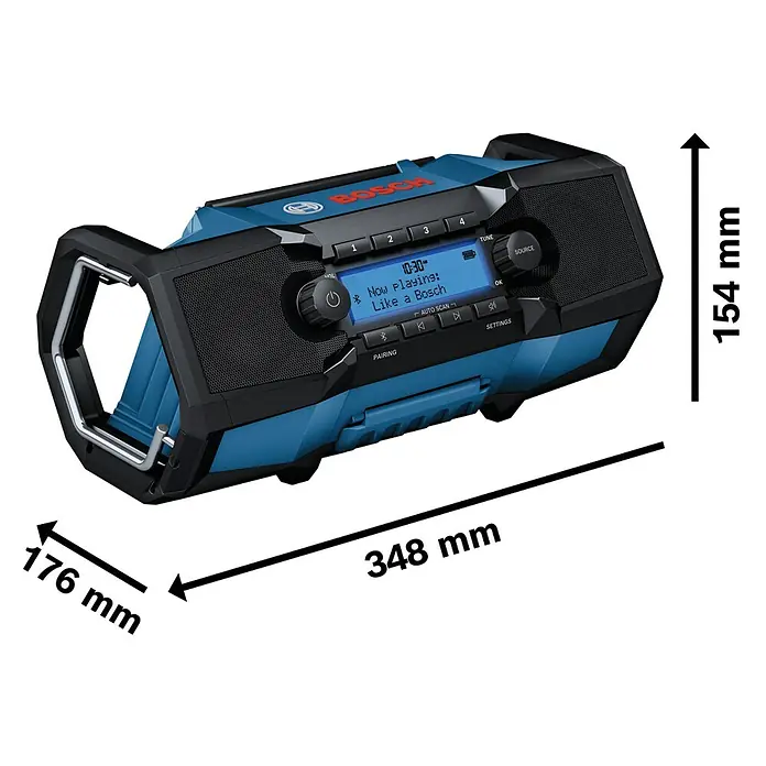 Bosch Professional AMPShare 18V Akku-Radio GPB 18V- 3 SC - 18 V, Ohne Akku - Blau-schwarzes Bosch Baustellenradio. Maße: 348mm Länge, 154mm Höhe, 176mm Breite, mit Display und Bedienelementen.