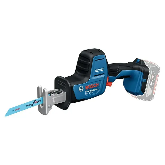 Bosch Professional AMPShare 18V Akku-Säbelsäge GSA 18V-24 -  - Blaue und schwarze Bosch Professional GSA 18V-24 Akku-Säbelsäge mit 18V Akku und hellblauem Sägeblatt für Metall.