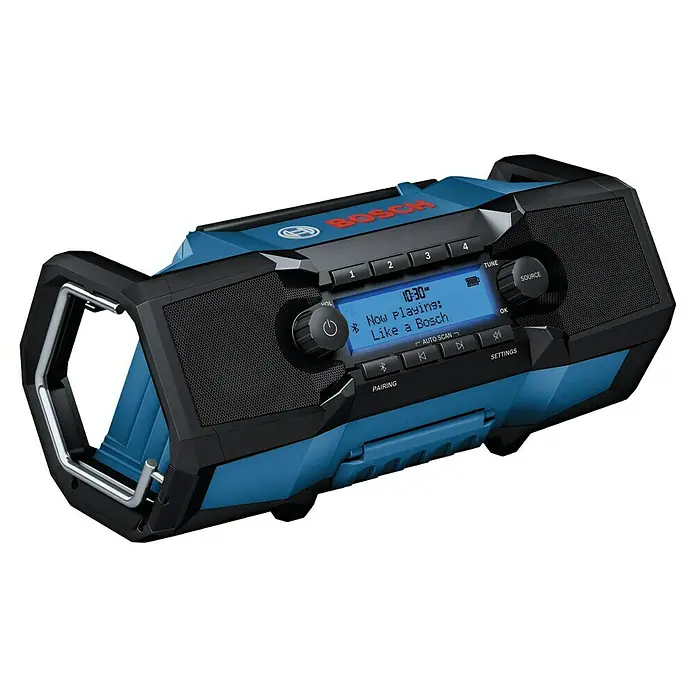 Bosch Professional AMPShare 18V Akku-Radio GPB 18V- 3 SC - 18 V, Ohne Akku - Robustes blau-schwarzes Bosch Baustellenradio mit Metallgriff und Digitalanzeige: "Now playing: Like a Bosch".