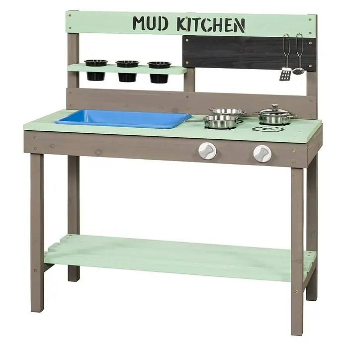 Swing King Matschküche Mudkitchen Regular - 77 x 34 x 88 cm, Holz, Grau/Hellgrün/Schwarz/Blau - Hölzerne Matschküche in Grau und Hellgrün mit blauem Spülbecken und Spielzeug-Küchenzubehör für Kinder zum fantasievollen Spielen im Freien.