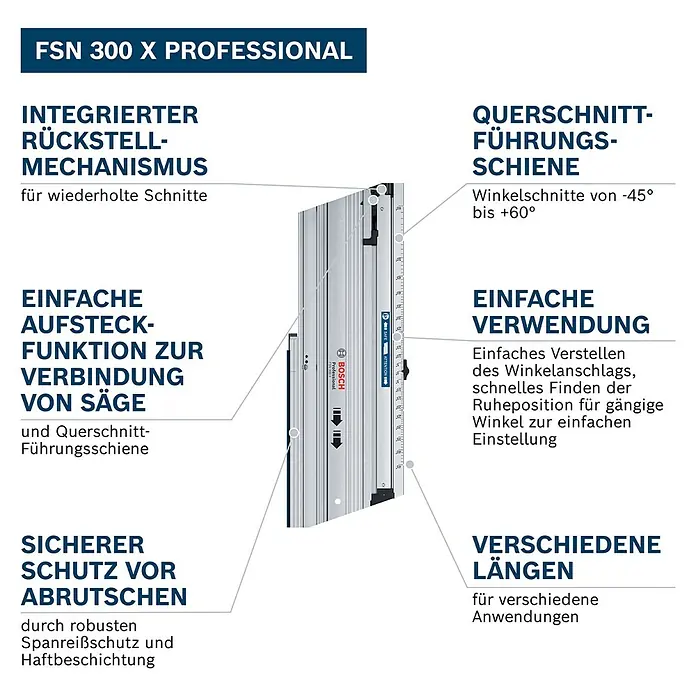 Bosch Professional Führungsschiene FSN 300 X - L x B x H: 643 x 228 x 49 mm - Eine silberne Bosch FSN 300 X Professional Führungsschiene für Sägen mit Winkelverstellung und Sicherheitsmechanismen für präzise Schnitte.
