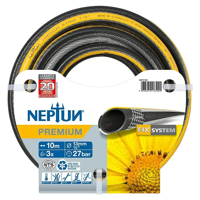 Neptun Premium Gartenschlauch - Länge: 10 m, Schlauchdurchmesser: 13 mm, ½″ - Aufgewickelter NEPTUN PREMIUM Gartenschlauch in Schwarz-Gelb (10m, 13mm) mit NTS Anti-Torsions-Technologie und 20 Jahren Garantie.