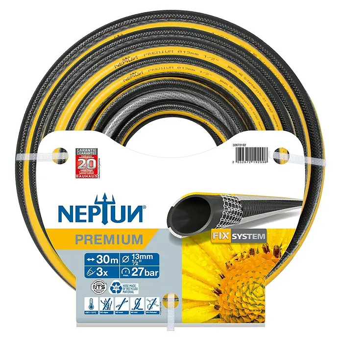 Neptun Premium Gartenschlauch - Länge: 30 m, Schlauchdurchmesser: 13 mm, ½″ - Gekräuselter gelb-schwarzer Gartenschlauch mit Produktverpackung, die das Branding „NEPTUN PREMIUM“ und Spezifikationen zeigt.