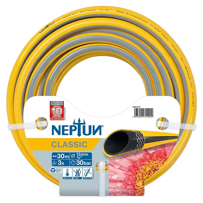 Neptun Classic Manguera para jardín - Ø x L: 13 mm x 30 m, ½″ - Manguera de jardín NEPTUN Classic amarilla y gris, enrollada, 30m, 13mm (1/2") de diámetro, 3 capas, presión máx 30 bar.