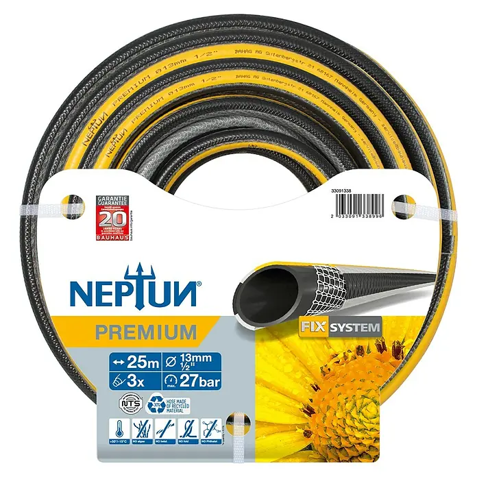 Neptun Premium Gartenschlauch - Länge: 25 m, Schlauchdurchmesser: 13 mm, ½″ - Aufgerollter gelb-schwarzer Neptun Premium Gartenschlauch, 25m, mit Anti-Knick- und Anti-Drall-System, teilweise aus recyceltem Material.