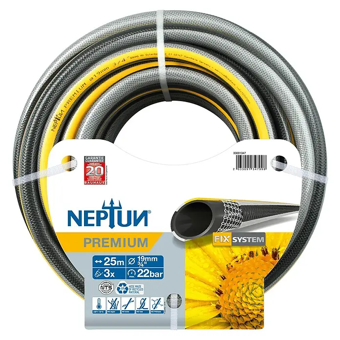 Neptun Premium Gartenschlauch - Länge: 25 m, Schlauchdurchmesser: 19 mm, ¾″, 22 bar - Aufgerollter schwarzer, grauer und gelber Neptun Premium Gartenschlauch, 19mm (3/4 Zoll).