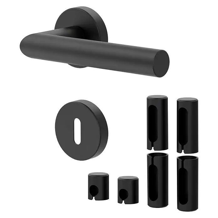 Diamond Doors Zimmertürgarnitur Black Panther L-Form Premium PVD - Edelstahl, Schwarz, BB - Buntbart, Stärke Tür: 38 mm - 45 mm, L-Form - Mattes schwarzes Türbeschlagset, bestehend aus einem Türdrücker, Rosette für den Schlüssel und Zylinderspacern.