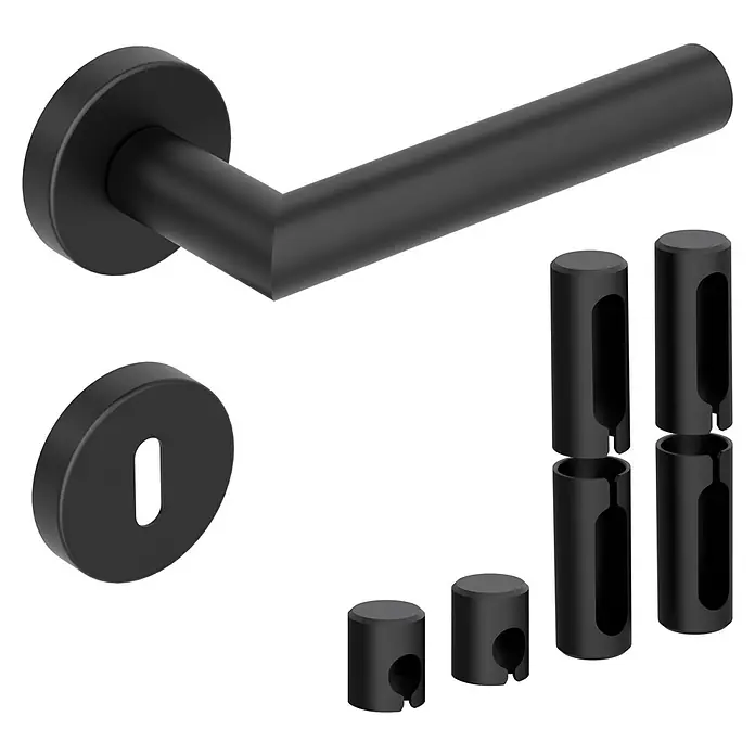 Diamond Doors Zimmertürgarnitur Black Panther L-Form Premium PVD - Edelstahl, Schwarz, BB - Buntbart, Stärke Tür: 38 mm - 45 mm, L-Form - Matt schwarzes Türgriffset mit Drücker, Schlüsselrosette und verschiedenen zylindrischen Montagekomponenten.