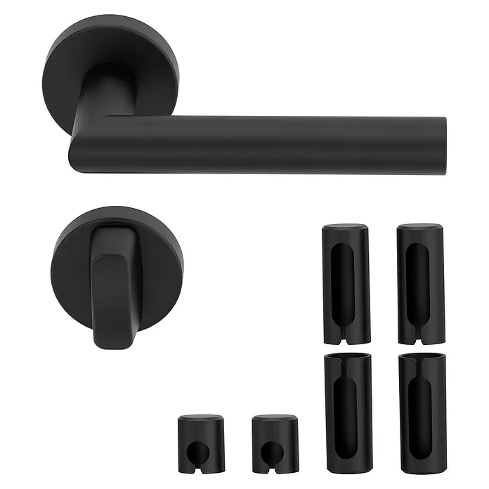 Diamond Doors Zimmertürgarnitur Black Panther L-Form Premium PVD - Edelstahl, Schwarz, WC - Bad/WC, Stärke Tür: 38 mm - 45 mm, L-Form - Set aus mattschwarzen Türgriffkomponenten: Drücker, Knopf und verschiedene zylindrische Abstandshalter.