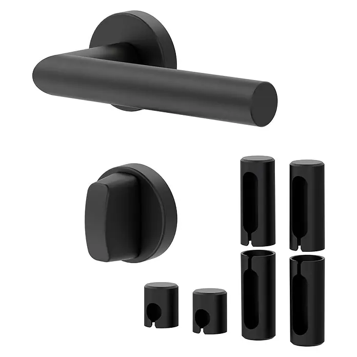Diamond Doors Zimmertürgarnitur Black Panther L-Form Premium PVD - Edelstahl, Schwarz, WC - Bad/WC, Stärke Tür: 38 mm - 45 mm, L-Form - Mattschwarzer Türgriff-Satz mit verschiedenen Montagekomponenten.