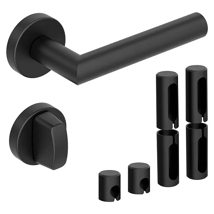 Diamond Doors Zimmertürgarnitur Black Panther L-Form Premium PVD - Edelstahl, Schwarz, WC - Bad/WC, Stärke Tür: 38 mm - 45 mm, L-Form - Matt schwarzes Türgriffset mit Drehriegel und Montagekomponenten.