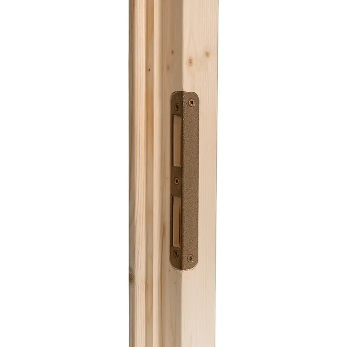 Panto Nebeneingangstür NET 501 - 98 x 198 cm, DIN Anschlag: Rechts - Heller Holz-Türrahmen mit einer körnigen braunen Metallschließplatte, mit Schrauben befestigt.