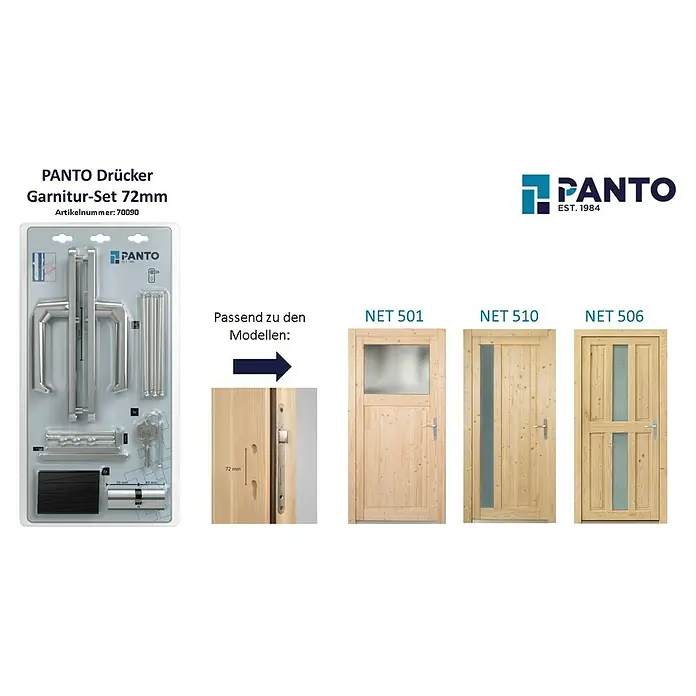 Panto Nebeneingangstür NET 501 - 88 x 198 cm, DIN Anschlag: Links - PANTO Drücker Garnitur-Set 72mm in Silber, bestehend aus Türgriffen, Zylinderschloss und Schlüsseln, geeignet für Holztüren.