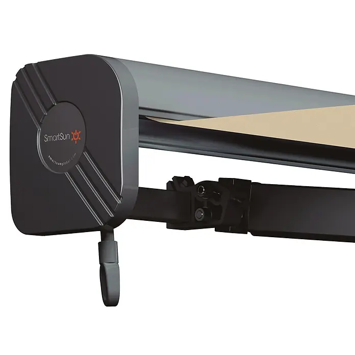SmartSun Toldo con motor Dark Dune - Beige, Ancho: 2,95 m, Caída: 2 m - Cofre de toldo retráctil gris oscuro con logo SmartSun y tela beige parcialmente visible.