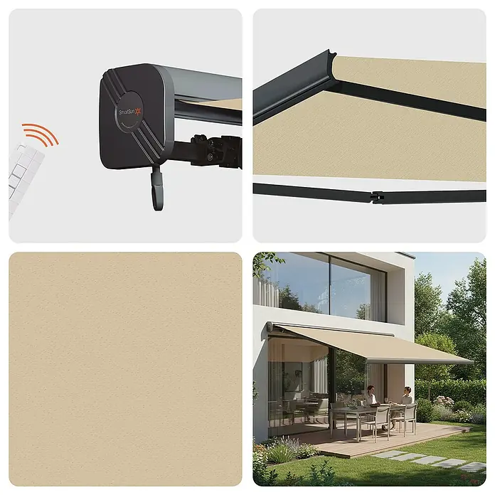 SmartSun Toldo con motor Dark Dune - Beige, Ancho: 2,95 m, Caída: 2 m - Toldo motorizado beige se extiende sobre comedor exterior moderno con personas. Detalles muestran mando a distancia y tejido.
