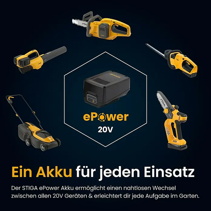 Stiga Akku-Kettensäge CS300E - 20 V, 4 Ah, Li-Ionen, 2 Akkus, Schwertlänge: 30 cm - Schwarze STIGA ePower 20V Batterie und diverse gelb-schwarze STIGA Gartengeräte (Kettensägen, Laubbläser, Mäher), die eine Batterie für jeden Einsatz zeigen.
