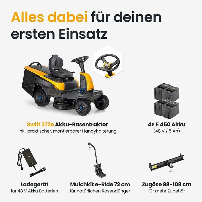 Stiga Akku-Aufsitzmäher SWIFT 372E (48 V, 5 Ah - 20 Ah, Schnittbreite: 72 mm, Max. Flächenempfehlung: 1 600 m²) | BAUHAUS